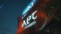 APT Studios illuminated at night