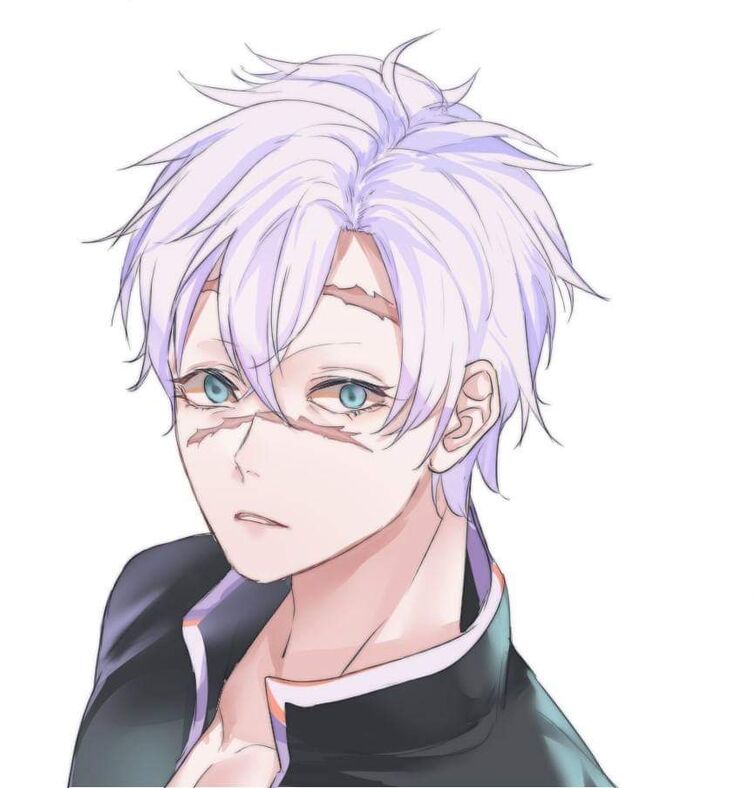 purple-clam274: White haired anime man with bangs over his right eye and closed  eyes and a green necktie with white hair and his eyes closed