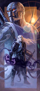 Adjuvant, Envoy of Blades, warforged emissary of the Lord of Blades and captive of Shan Lian Doresh in the background above Sidgevin, Viscount Vindicator, an eladrin wyrd wields his double-bladed khopesh.