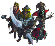 A Valenar elf, center, flanked by other elves.