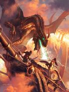 Cover art by Michael Komarck, depicting Dah'mir assaulting Geth, Dandra, and Singe aboard their elemental airship.