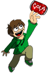 Edd jumping up and reaching for a can of Coke