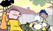 Edd, Eddy and Rolf do not notice the jawbreaker fight.