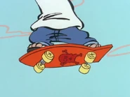The bottom of the skateboard.