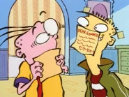 Ed and Eddy are figuring out what they will write on Edd's sticky notes.