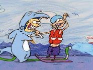 Water-skiing Edd and Ed as a shark.