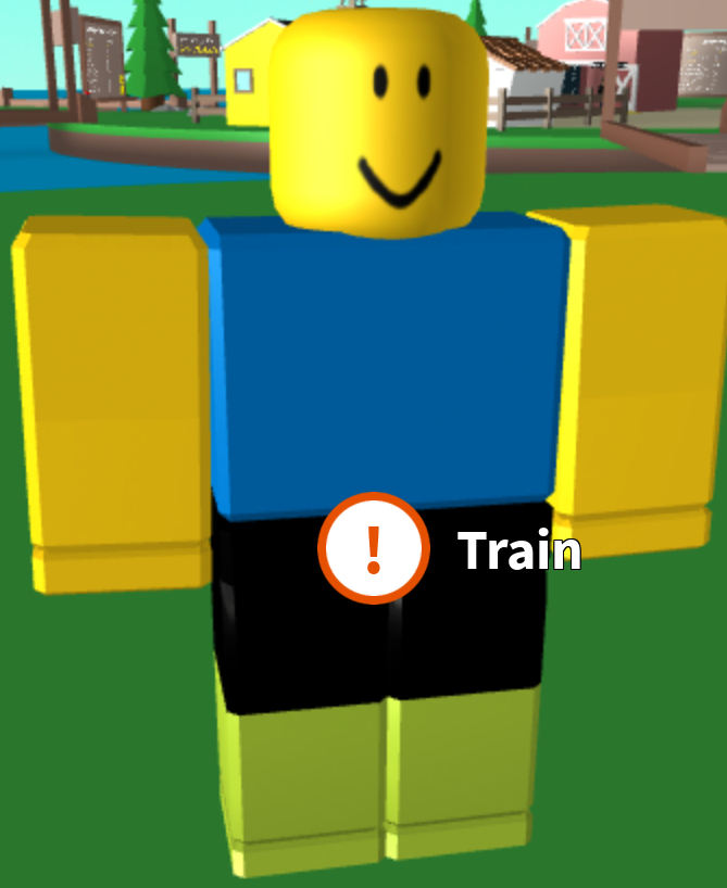 Front cover of a roblox game with a noob wearing an egg costume