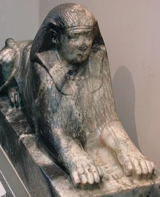 Small gneiss sphinx inscribed with the name of Amenemhat IV, reworked in Ptolemaic times now is on display at the British Museum, London.