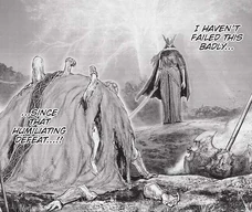 Godrick meeting a humiliating defeat by Malenia, Blade of Miquella.