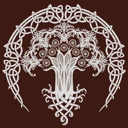 Cleanrot Knight emblem and spell sigil on Malenia's cape; an interwoven dome shields a tree with nine fruits and five moth-like blooms