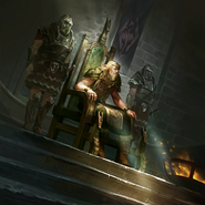 Jarl Balgruuf with Imperial soldiers on either side, as seen in alternate card art for "Triumphant Jarl".