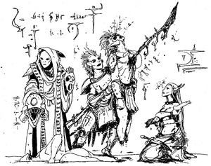 Vivec (au centre) durant l'assassinat de Nérévar prétendument causé par le Tribunal.