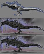 Several different conceptual illustrations of Alduin compared to each other.