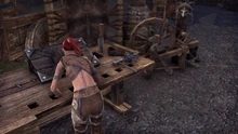 A player character using a clothing station.