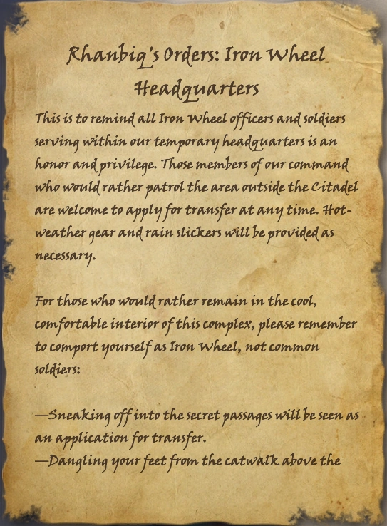 Rhanbiq S Orders Iron Wheel Headquarters Elder Scrolls Fandom