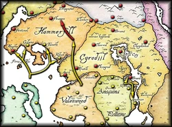 Manoeuvres d'invasion du début du conflit :
Flèches jaunes: Mouvements des troupes elfiques - Flèches rouges: Mouvements des troupes impériales  -- Points jaunes: villes elfiques ou villes sous contrôle elfique - Points rouges: villes de l'Empire