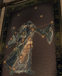 The Mage birthsign on a tapestry in The Gilded Carafe.