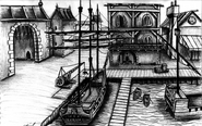 "When starting out on a project there is a lot of concept art that is done. This particular sketch was one artist's idea on how we could make the harbor look. Most of what you see here is in the game. It's been that way from the start. We had a vision when Redguard began, and we've stuck pretty close to the original."[1]