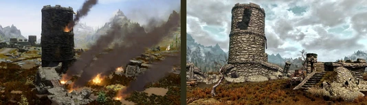 La Torre di Osservazione Occidentale durante l'attacco (sinistra) e dopo (destra).