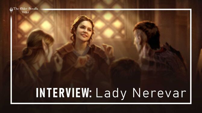 An image depicting a group of four people sitting at a table with a daylit window in the background. One of them, a woman, is sitting facing the viewer and smiling, the rest is facing her. The image is a bit blurred. There is a simple frame around it, with The Elder Scrolls Wiki logo in the top right corner. At the bottom of the image there's text "Interview: Lady Nerevar".