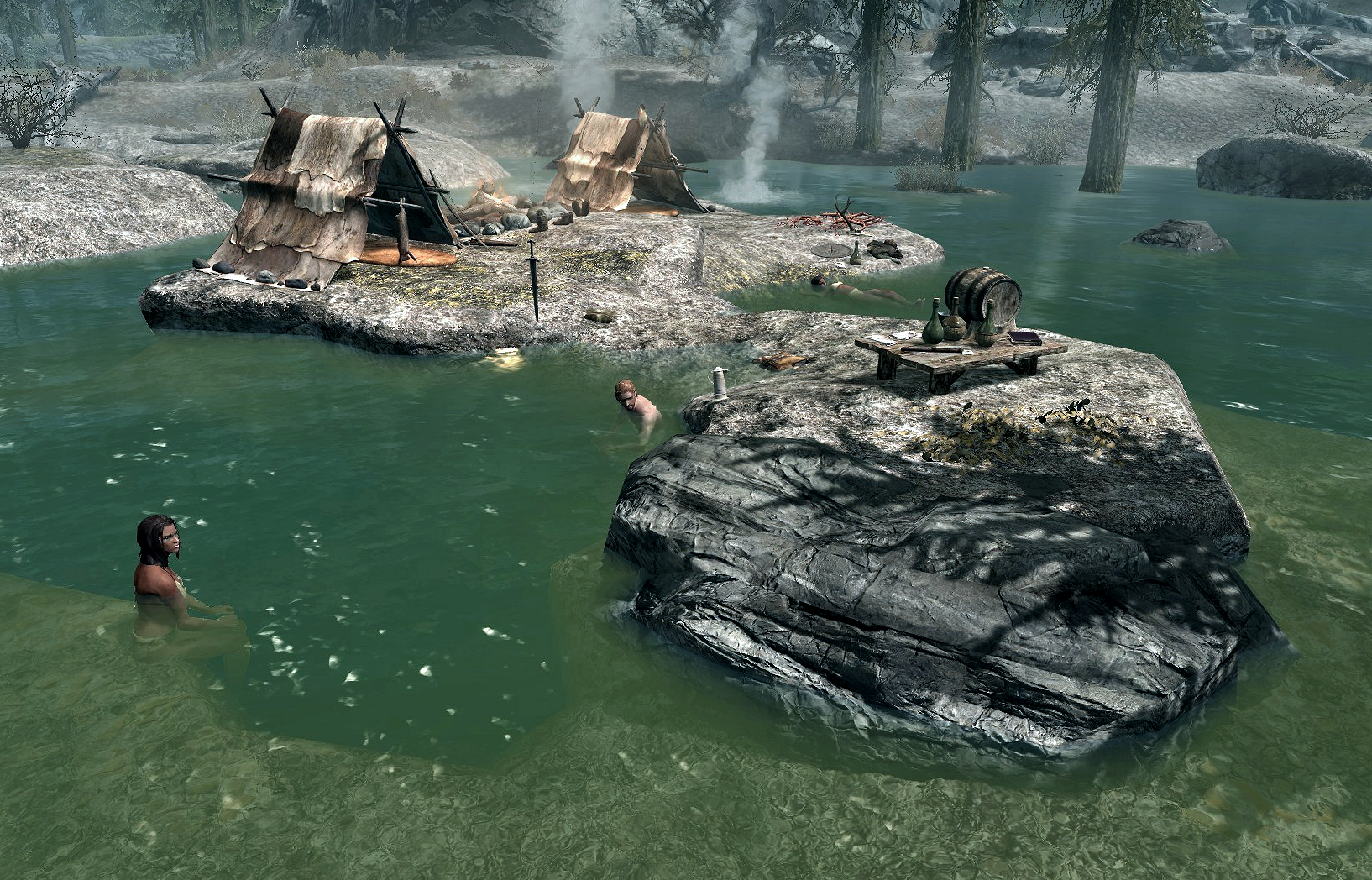 ...it is a hunter's camp with three hunters bathing in the hot springs. 