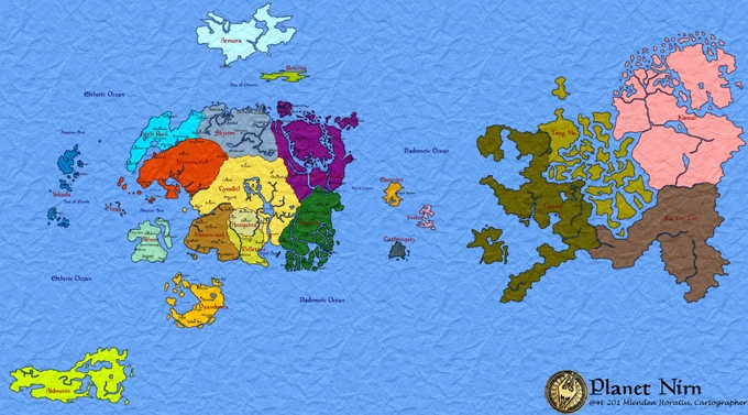 Una cartina geografica del Nirn con i principali continenti e isole