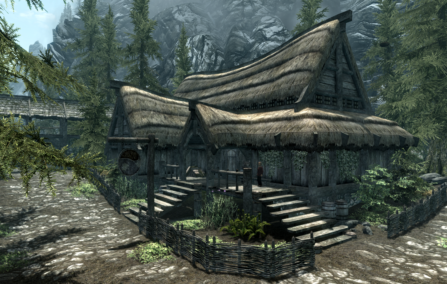 Ривервуд спящий великан. Скайрим Riverwood Inn. Skyrim таверна спящий великан. Таверна спящий великан скайрим.