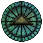 The symbol of Julianos depicted in stained glass.