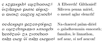 Fragmento en Sindarin del Canto a Elbereth (Varda) que los Elfos entonan en su camino a los Puertos Grises para partir a Valinor
