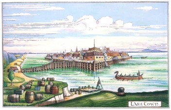 Representación de Esgaroth, situada en una bahía al oeste del Lago Largo. Ilustración de .