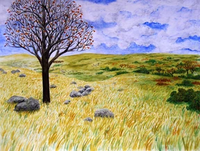 Ilustración del paisaje de Minhirath, con poca vegetación. Dibujo de Matěj Čadil.