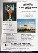 Indolift advertisement from the September 1988 edition of Konstruksi magazine. Featured in this advert is a photo of the factory and an Indolift elevator with Semag fixtures.