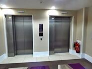 Schindler 5500 MRL elevators at Hampton by Hilton London Gatwick Airport, United Kingdom (Credit to YouTube user benobve).