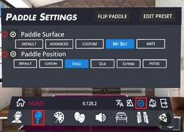 How to access the paddle settings menu, and the sub-menus where surface and orientation settings can be customised. Custom user-generated presets for surface and position are visible.