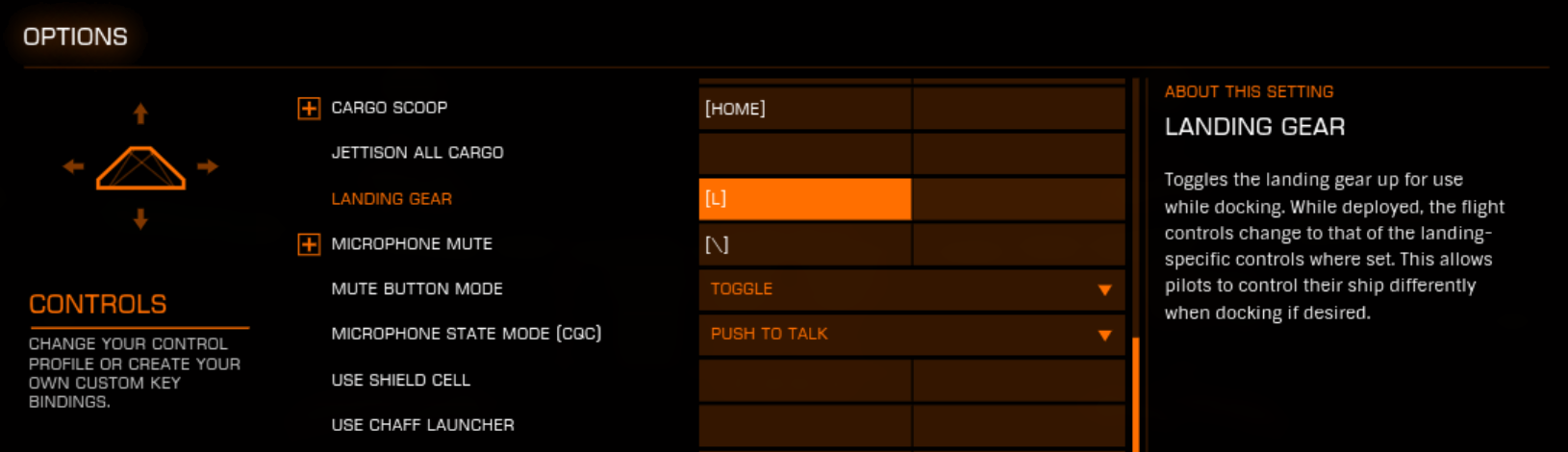 Settings menu - Elite: Dangerous