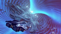 The Thargoid Titan emitting its blue disruption field in response to incoming fire