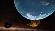 A Diamondback Explorer passing an Earth-like World near the nebula