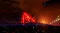 Thargoid Titan firing its Dual-Fire Turrets in Laser Mode towards an incoming player