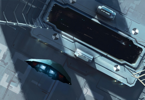 Cobra Mk III в процессе стыковки со станцией перед шлюзом, художественное представление