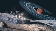 SRV Scarab driving on a planet with a ring system