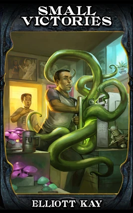 A young man tries to push the oven door closed on a green tentacled alien.