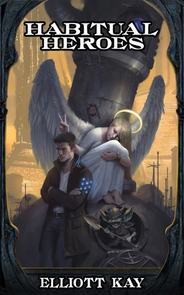 A young man in a coat, an angel in white, and a goblin with a shovel in an abandoned city landscape.