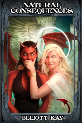 A succubus and an angel. The angels holds a hand over the mouth of the succubus. The succubus looks amused.