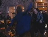 Tricia and Mandy have a huge mud fight outside The Woolpack in February 1999.