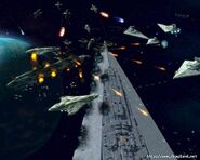 The Super Star Destroyer in a heavy firefight, it is heavily damaged, and is going to be destroyed.