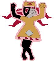 Animation of Taski Maiden dancing nervously with her hands up.