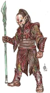 This is a re-designed “Olorka”. Sir Noel made them look Oriental, almost Mongolian looking. Unlike the old Hathor grunts that number by thousands, Olorkas are less than a hundred and one can kill 10 men in seconds. This is “Yin”, chieftain of the fire tribe. Though he may look mean and most likely temperamental, he has a kind heart and is a good judge of spirit. He wields a Jade battle spear given to him by “Yang” of the peaceful water tribe.