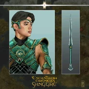 The initial concept art by Sir Noel Layon Flores features Agos, a sword forged by Alena, surrounded by trails of green mist and waves.