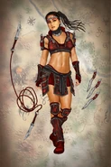 (After being cursed) Agane's armor (lowered hood and mask) along with her signature weapon, Hasik and some darts.