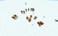 Reinforced snow golems throwing snowballs at a burning zombie.